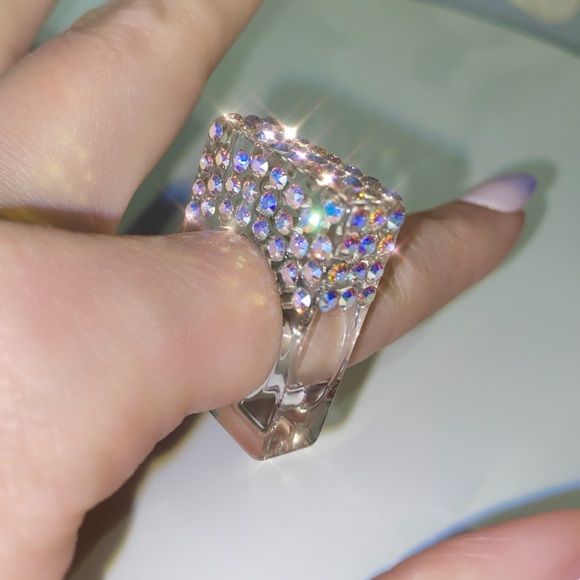 Acrylic Statement Ring• Iridescent Aurora Swarovski Crystals • Geometric Ring - Picture 5 of 15